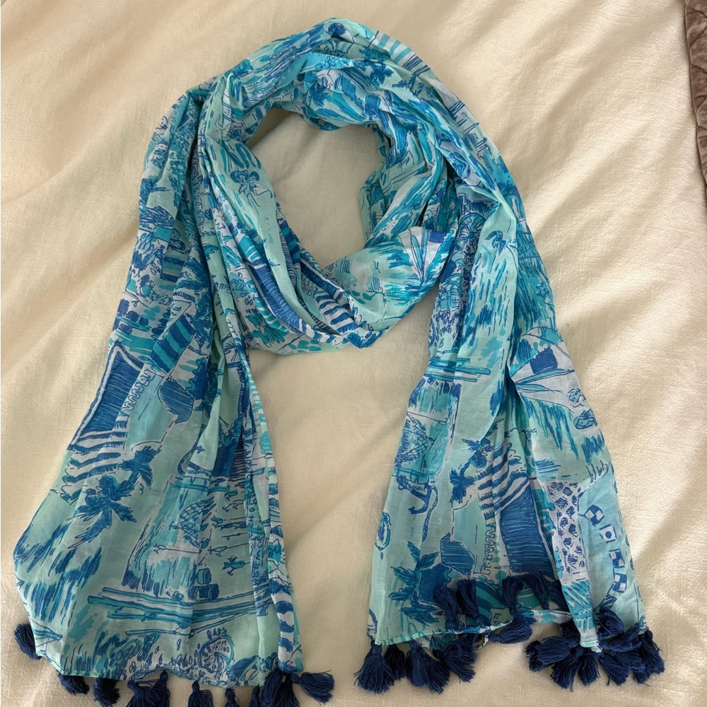 Lilly Pulitzer Aquamarine Fresh Catch Murfee Scarf with Tassels